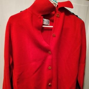Vtg Ballantyne Scotland Red 100% Cashmere Floral Metal Button Cardigan Sweater.
